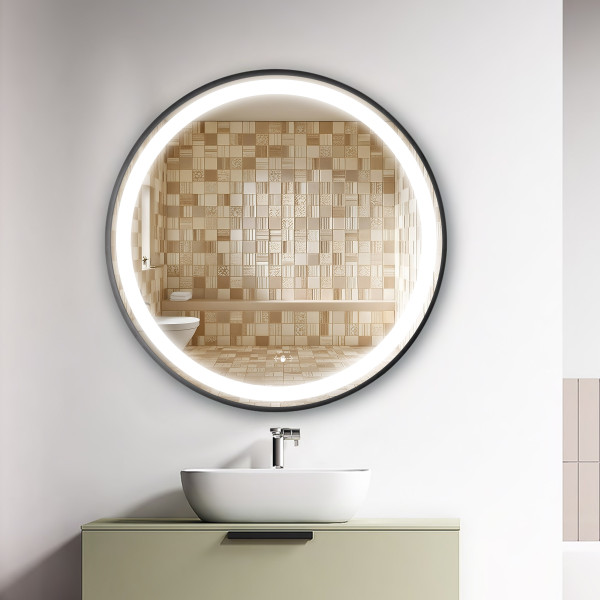 Aluminum Black Frame Led Mirror 3Light Dimmer with Wave Sensor - Round Shape 60cm x 60cm