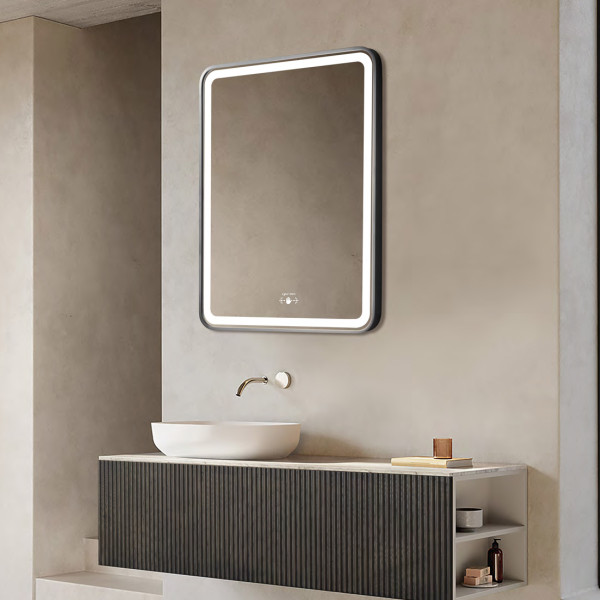 Aluminum Black Frame Led Mirror 3Light Dimmer with Wave Sensor - Rectangle Shape 80cm x 60cm