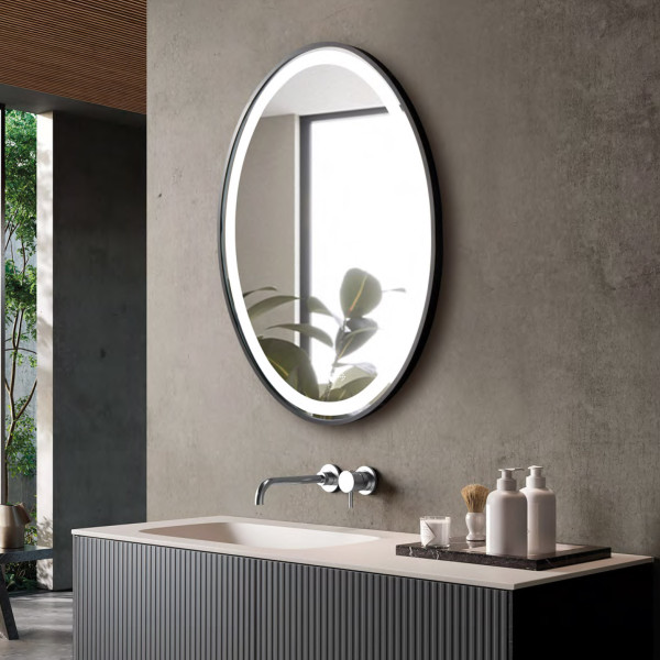 Aluminum Black Frame Led Mirror 3Light Dimmer with Wave Sensor - Oval Shape 70cm x 50cm