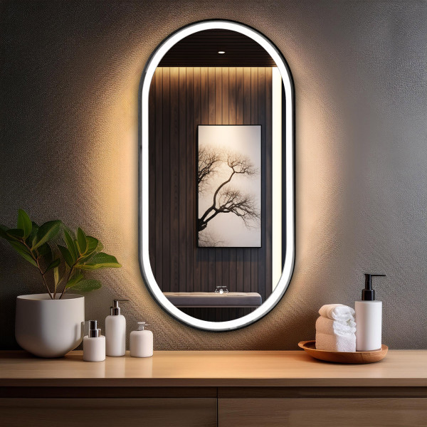 Aluminum Black Frame Led Mirror 3Light Dimmer with Wave Sensor - Capsule Shape 90cm x 45cm