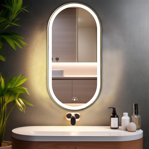 Aluminum Gold Frame Led Mirror 3Light Dimmer with Wave Sensor - Capsule Shape 90cm x 45cm