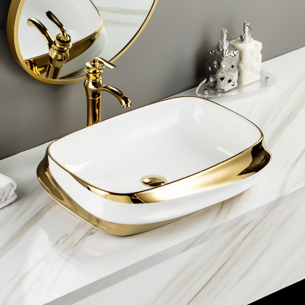Riva White + Gold - Glossy Finish Premium Ceramic Table Top Designer Washbasin