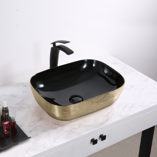 Stefy Line Gold+Black - Glossy Finish Ceramic Designer Washbasin For Bathroom