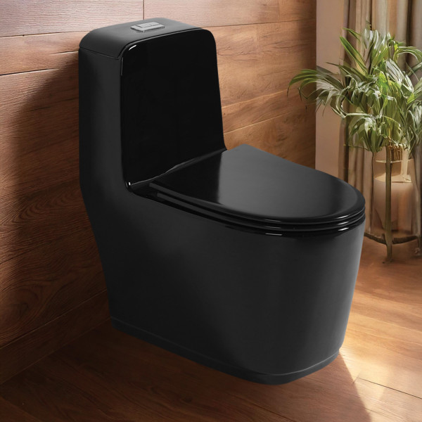 Premium Grade Ceramic One Piece Floor Mounted Western Toilet - Syphonic Commode - S TRAP 220mm/300mm (Black)