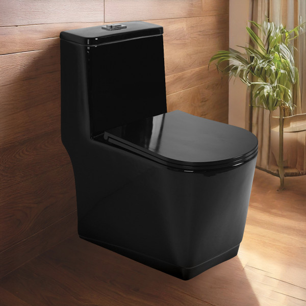 Premium Grade Ceramic One Piece Floor Mounted Western Toilet - Syphonic Commode - S TRAP 220mm (Sevol Black)