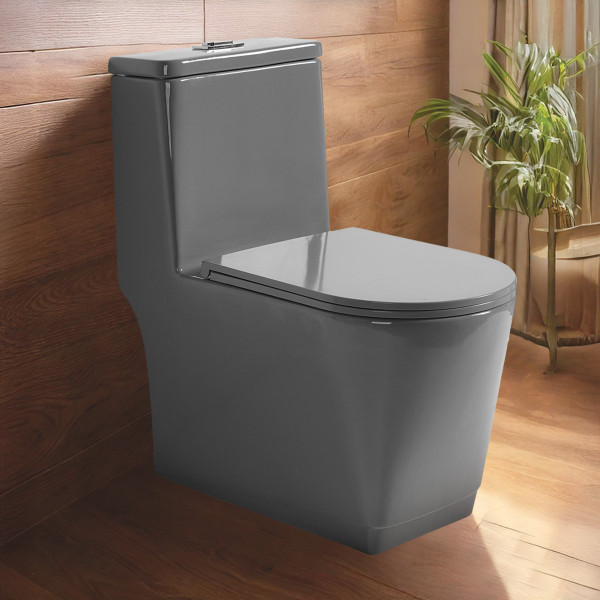 Premium Grade Ceramic One Piece Floor Mounted Western Toilet - Syphonic Commode - S TRAP 220mm (Sevol Grey)