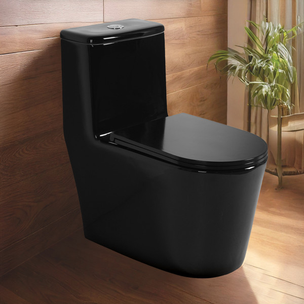 Premium Grade Ceramic One Piece Floor Mounted Western Toilet - Syphonic Commode - S TRAP 220mm (Yera Black)