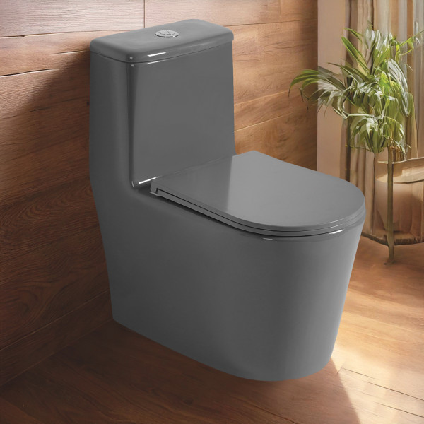 Premium Grade Ceramic One Piece Floor Mounted Western Toilet - Syphonic Commode - S TRAP 220mm (Yera Grey)