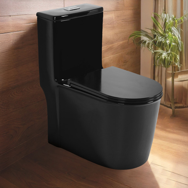Premium Grade Ceramic One Piece Floor Mounted Western Toilet - Syphonic Commode - S TRAP 220mm (Tuna Black)