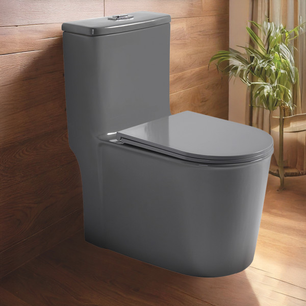 Premium Grade Ceramic One Piece Floor Mounted Western Toilet - Syphonic Commode - S TRAP 220mm (Tuna Grey)
