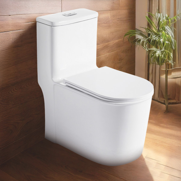 Premium Grade Ceramic One Piece Floor Mounted Western Toilet - Syphonic Commode - S TRAP 220mm (Tuna White)